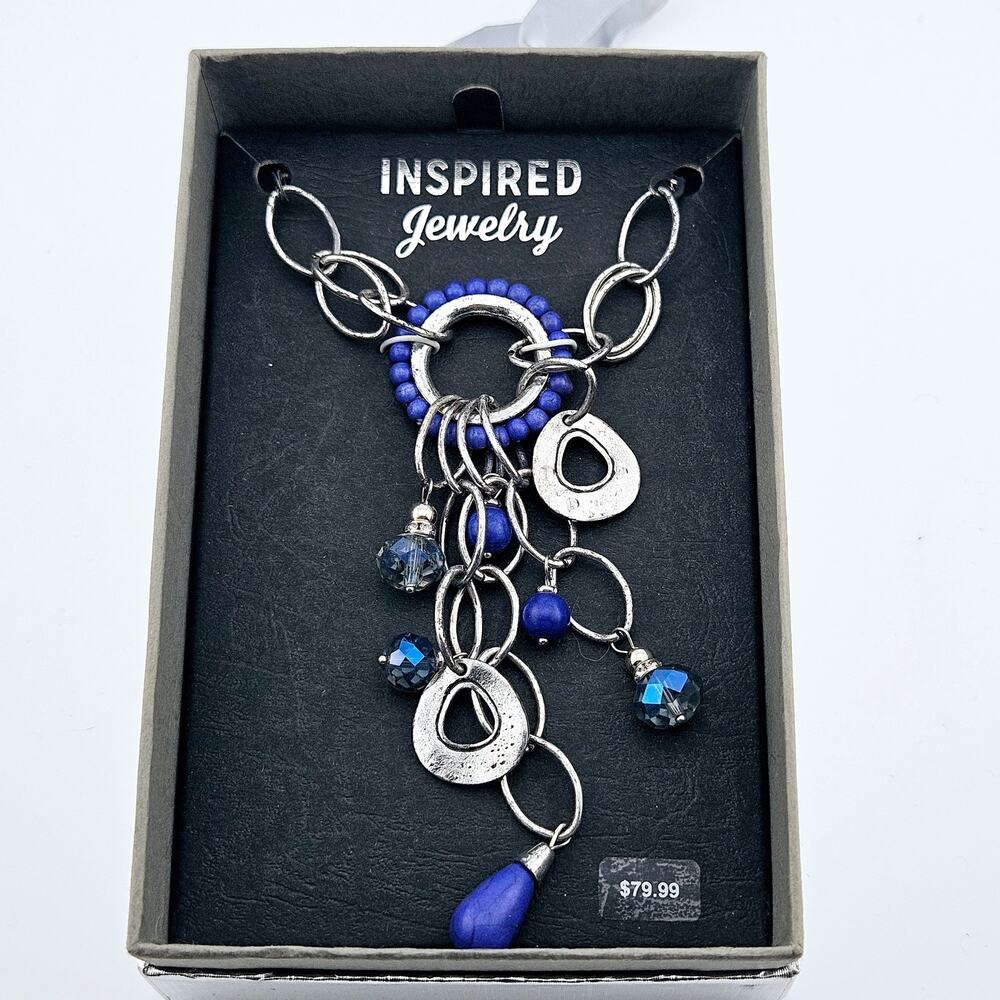 Beaded Drop Dangle Pendant Necklace Navy Blue With Silver Chain Artsy Festival